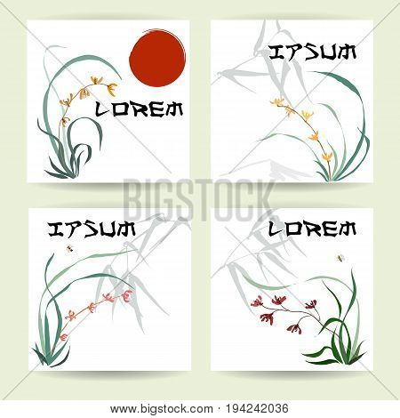 Four square cards. Backgrounds of wild orchid, branches and bamboo leaves, red sun, mountain, flying bumblebee. Traditional Chinese painting, Japanese art sumi-e, vector stylization