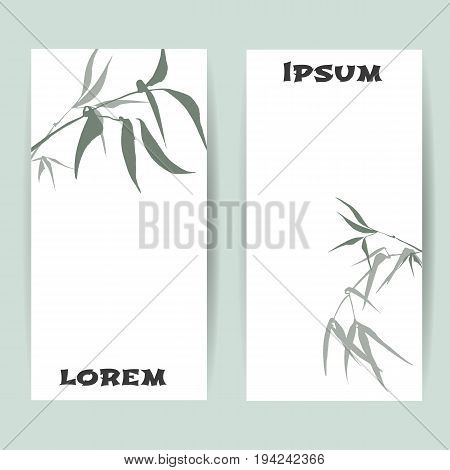 Two templates of vertical banners. Branches and bamboo leaves. traditional Chinese painting, Japanese art sumi-e, vector
