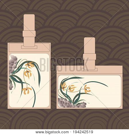 Event staff id cards with lanyard, tag holder and badge templates. Wild orchid growing on stones. Traditional Chinese painting, Japanese art sumi-e, vector stylization