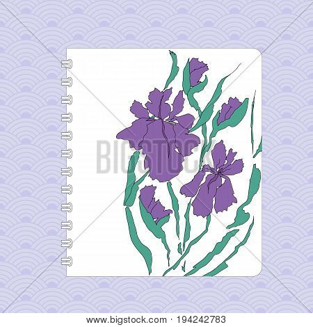 Notebook cover design, hand-drawing illustration. Vectorized irises, hand-drawing illustration, Stylized traditional Chinese painting, Japanese art sumi-e