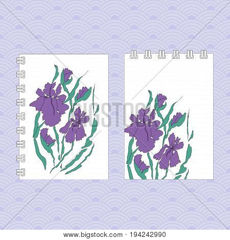 Notebook cover design, hand-drawing illustration. Vectorized irises, hand-drawing illustration, Stylized traditional Chinese painting, Japanese art sumi-e
