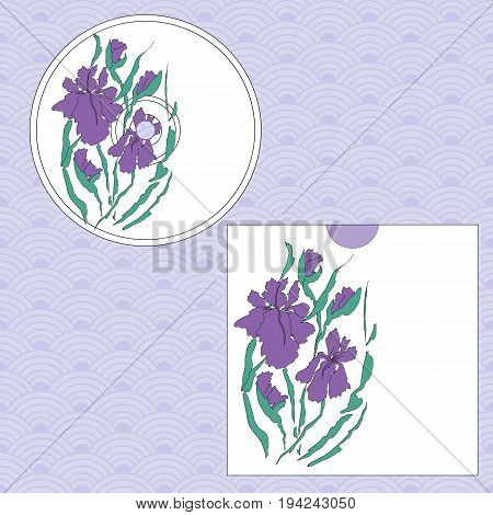 CD cover design. Vectorized irises, hand-drawing illustration, Stylized traditional Chinese painting, Japanese art sumi-e