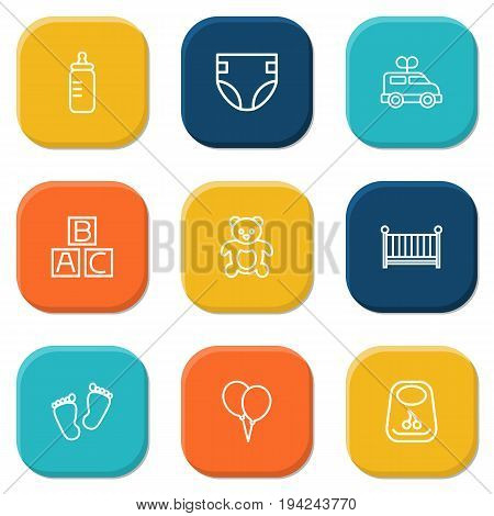 Set Of 9 Baby Outline Icons Set.Collection Of Footprints, Bib, Alphabet Cubes And Other Elements.