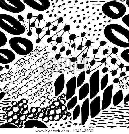Complex Hand Drawn Circles and Dots Seamless Pattern. Black on white reapiting graphic. Hand drawn elements.