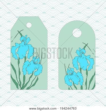 Label, badge, price tag. Vectorized irises, hand-drawing illustration. Stylized traditional Chinese painting, Japanese art sumi-e