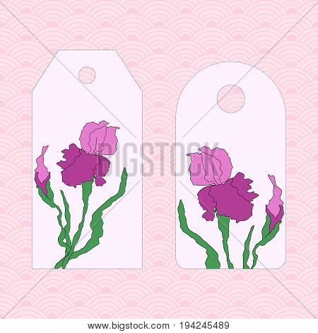 Label, badge, price tag. Vectorized irises, hand-drawing illustration. Stylized traditional Chinese painting, Japanese art sumi-e