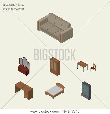 Isometric Furnishing Set Of Table, Cabinet, Bedstead And Other Vector Objects. Also Includes Desk, Bedstead, Cabinet Elements.