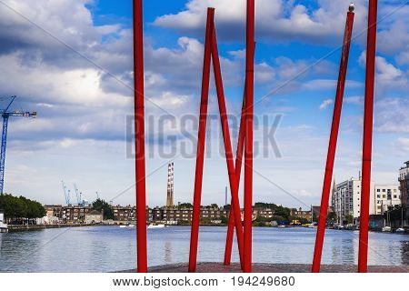 DUBLIN IRELAND - 5th July 2017: detail of the Docklands aea of Dublin featuring the Bord Gais Theatre and the Marker Hotel