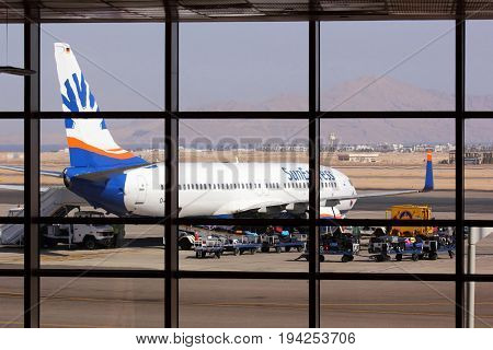 SHARM EL SHEIKH EGYPT - OCTOBER 2012: SunExpress Airlines Boeing 737 at Sharm El Sheikh International Airport (SSH) on October 16 2012 in Sharm El Sheikh Egypt.