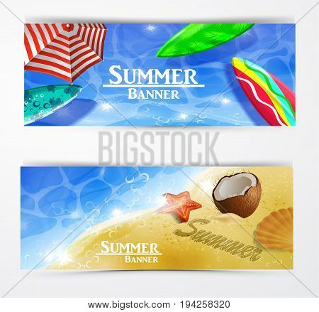colorful umbrella floating surfing boards and water top view banner set vector illustration