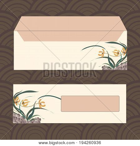 Envelopes for letters, front and back. Wild orchid growing on stones. Traditional Chinese painting, Japanese art sumi-e, vector stylization