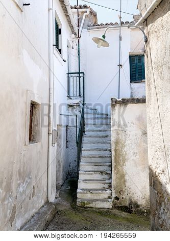 Sidestreet in Rachtades village. Rachtades is a small, remote village in the northern part of Corfu island, Greece.