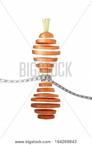 Slices of fresh carrots a healthy lifestyle. Parameters of an ideal beautiful figure like an hourglass. Isolated on White Background