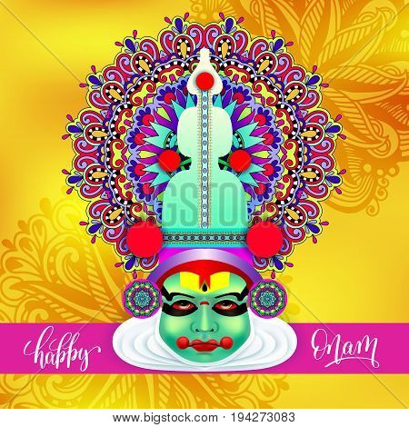 indian kathakali dancer face decorative modern vector illustration with hand lettering for happy onam holiday on abstract floral pattern