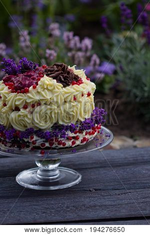 birthday cake with chocolate ganache decorated with roses lavender and berries, garden with flowers in the background