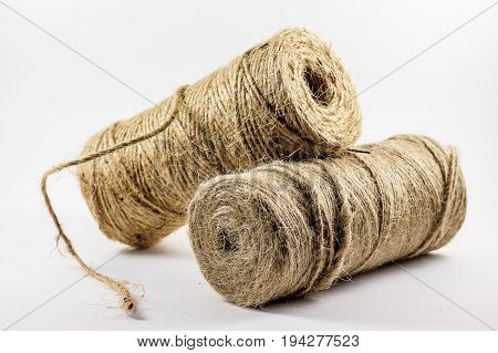 Skein of jute twine on the white background