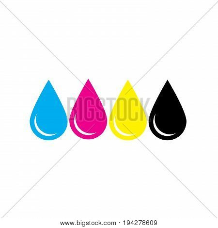 Ink drops in CMYK colors - cyan, magenta, yellow, key. Print design element theme. Simple flat vector illustration.