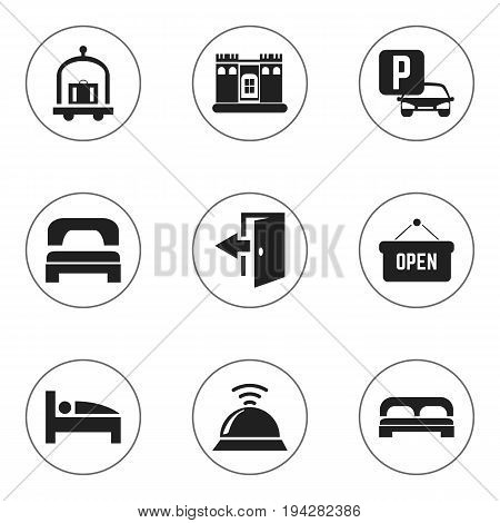 Set Of 9 Editable Hotel Icons. Includes Symbols Such As Outlet, Sleeping, Auto Stand. Can Be Used For Web, Mobile, UI And Infographic Design.