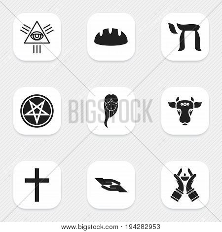 Set Of 9 Editable Religion Icons. Includes Symbols Such As Om Aum, Masonic, Baphomet Symbol And More. Can Be Used For Web, Mobile, UI And Infographic Design.