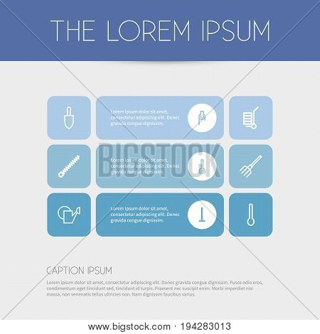 Set Of 9 Editable Instrument Icons. Includes Symbols Such As Cuisine Utensil, Rotating Bit, Watering Can And More. Can Be Used For Web, Mobile, UI And Infographic Design.