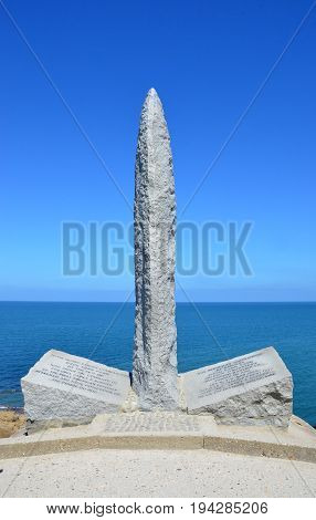 POINTE DU HOC FRANCE - AUG 12: The Ranger Monument at Pointe Du Hoc France shown here on August 12 2016 sits atop a German observation bunker.