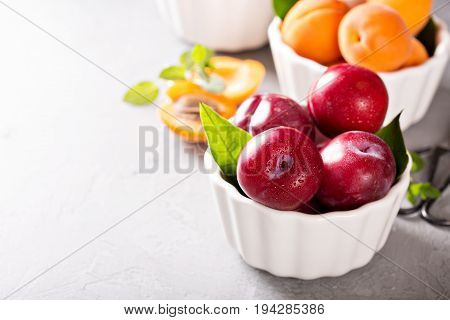 Various fresh tasty fruits in white bowls with plums, apricots and grapes