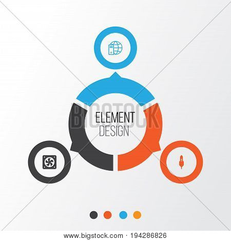 Hardware Icons Set. Collection Of Internet Network, Computer Ventilation, Aux Cord And Other Elements. Also Includes Symbols Such As Connection, Audio, Internet.