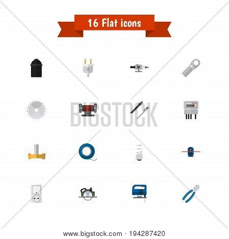 Set Of 16 Editable Instruments Icons. Includes Symbols Such As Circular, Adhesive, Buzzsaw And More. Can Be Used For Web, Mobile, UI And Infographic Design.