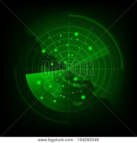 Green radar screen with map, stock vector
