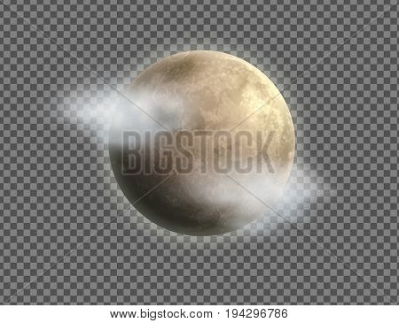 Vector illustration of cool single weather icon with realistic night moon and few clouds floats isolated on transparent background