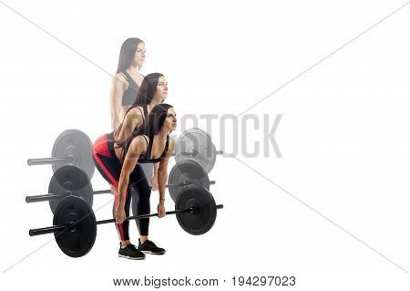 The technique of doing an exercise of deadlift with a barbell of a young sports girl on a white isolated background three positions