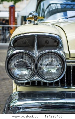 BERLIN - JUNE 17 2017: Headlamp of the full-size car Ford Mercury Turnpike Cruiser 1957. Classic Days Berlin 2017.