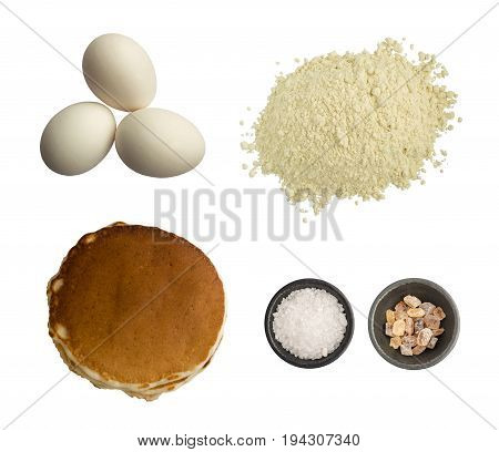 Ingredients for Homemade Baking Isolated on the White Background. Eggs Flour Salt Brown Sugar