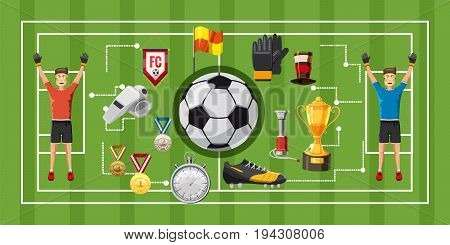 Soccer game football horizontal concept. Cartoon illustration of soccer game banner horizontal vector for web