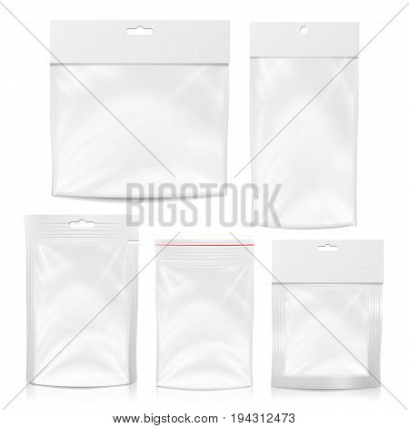 Plastic Pocket Vector Blank. Packing Design. Realistic Mock Up Template Of White Plastic Pocket Bag. Empty Hang Slot. White Clean Doypack Bag Packaging With Corner Spout Lid. Isolated Illustration
