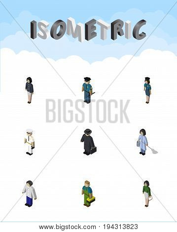 Isometric Person Set Of Detective, Officer, Plumber And Other Vector Objects. Also Includes Housemaid, Male, Worker Elements.