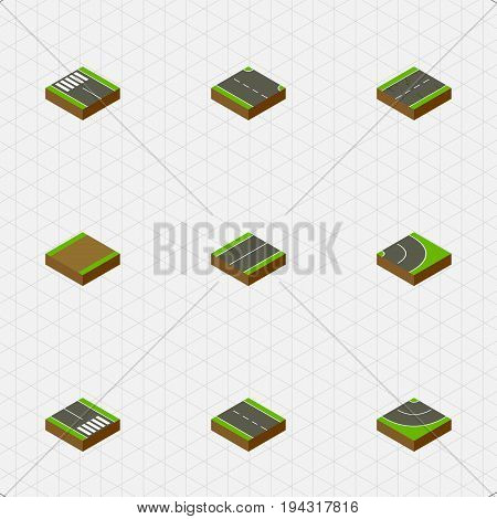 Isometric Road Set Of Strip, Pedestrian, Single-Lane And Other Vector Objects. Also Includes Highway, Asphalt, Plane Elements.