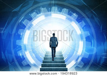 Rear view of a businessman entering a glowing HUD. Concept of a future and looking for a way out. Strairs