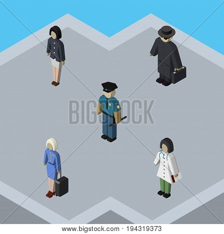 Isometric Person Set Of Girl, Officer, Detective And Other Vector Objects. Also Includes Hostess, Policeman, Police Elements.
