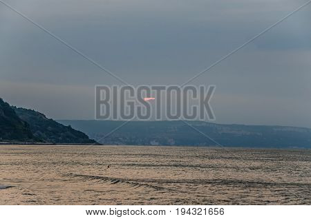 The Black Sea Shore From Albena, Bulgaria With Golden Sands, Sunrise, Blue Mystic Water