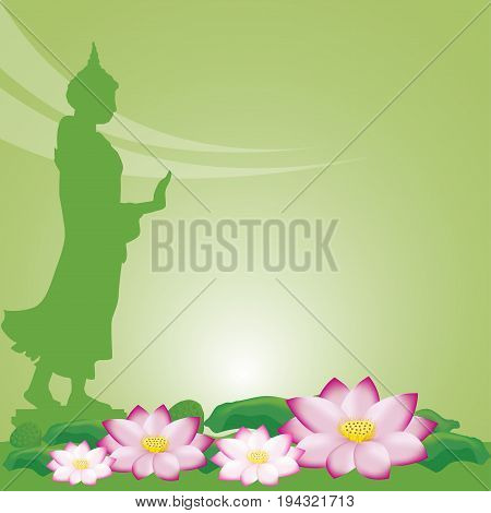 Buddha statue and lotus of Thai tradition, Visakha Puja Day, vector illustration.