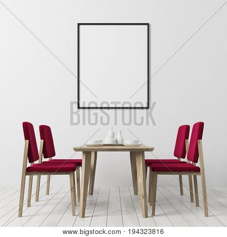 Dining room interior with white walls and floor a vertical poster hanging above a table with red chairs aroung it. 3d rendering mock up