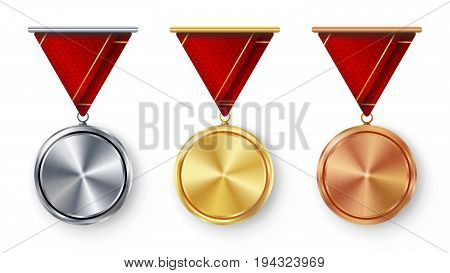 Champion Medals Blank Set Vector. Metal Realistic First, Second Third Placement Prize. Classic Empty Medals Concept. Red Ribbon. Sport Game Golden, Silver, Bronze Template