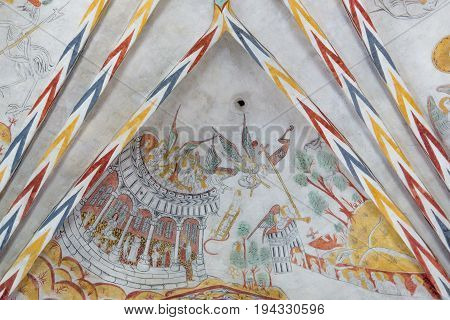 Angels playing in a heavenly orchestra a gothic wall-painting in Vinderslev church Denmark June 22 2017 2017