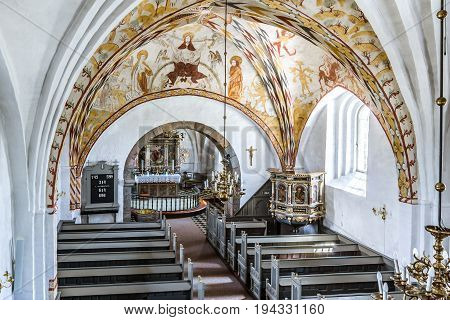 Ancient church in Vinderslev famous for its gothic wall-paintings Denmark June 22 2017