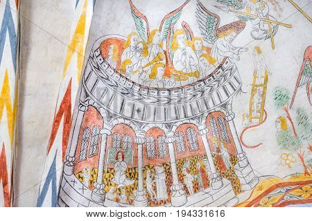 Heavenly orchestra playing medieval gothic fresco in Vinderslev church Denmark June 22 2017