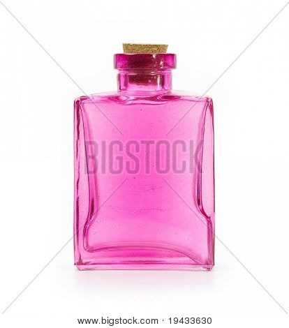 Rosa Quadrat Glasflasche mit Kork-Deckel, isolated on White.