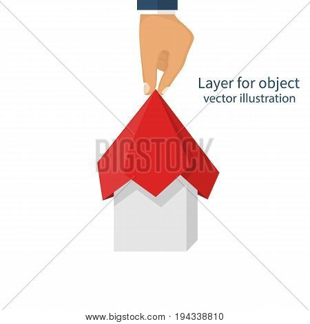 Man raises silk fabric with covered object. Project presentation concept. Red cloth hold in hand. Vector design flat style. Isolated on white background. For convenience, illustration in layers.