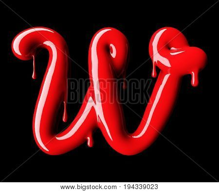 Glossy red letter W uppercase. 3D rendering font with glint on black background.