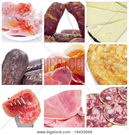 en collage af ni billeder af forskellige spanske embutido og tapas